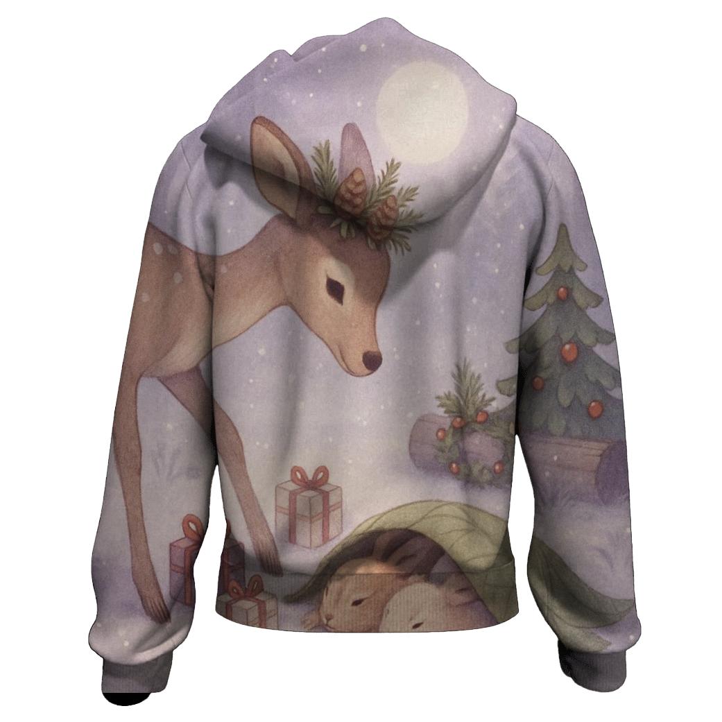 Woodland Deer Delivering Tiny Wrapped Gifts To Sleeping Rabbits zip-up hoodies