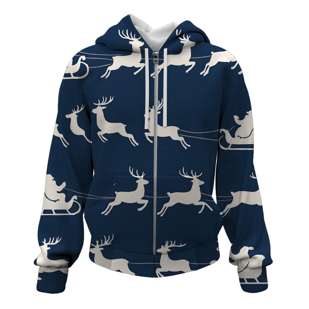 Santa Sleigh And Reindeer Silhouette Frieze On Navy Background designer hoodies