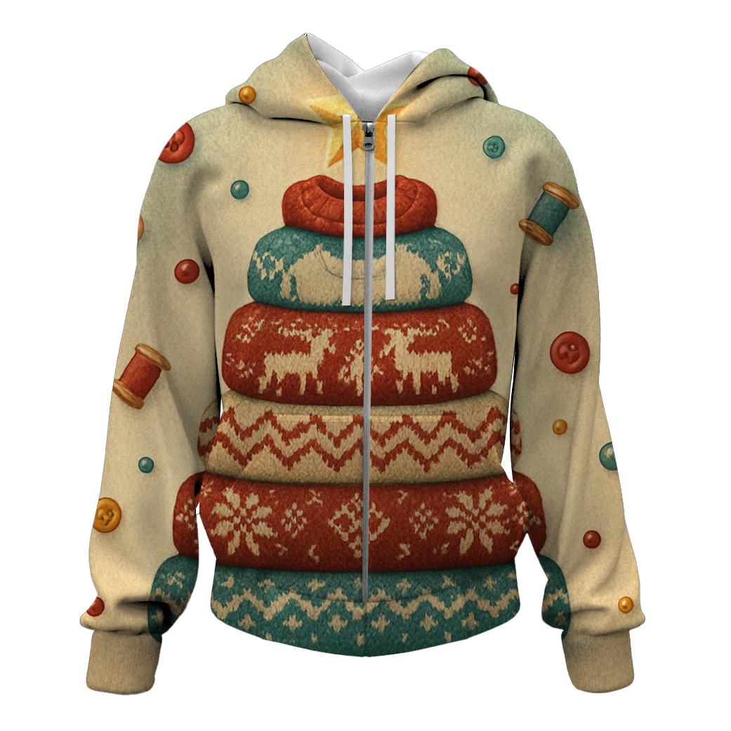 Christmas Tree Made Of Stacked Sweaters With Cozy Texture Illusions zip-up hoodies