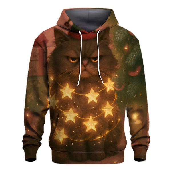 Grumpy Christmas Cat Tangled In Starry Light Garlands premium hoodies