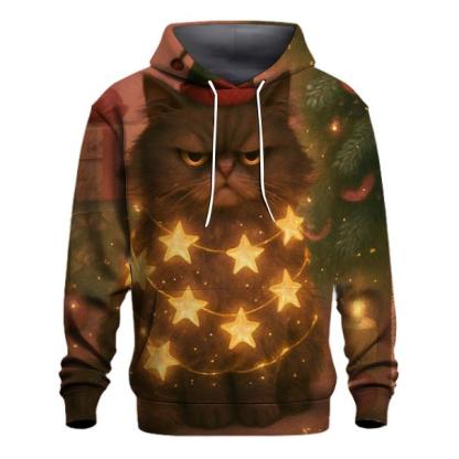 Grumpy Christmas Cat Tangled In Starry Light Garlands premium hoodies