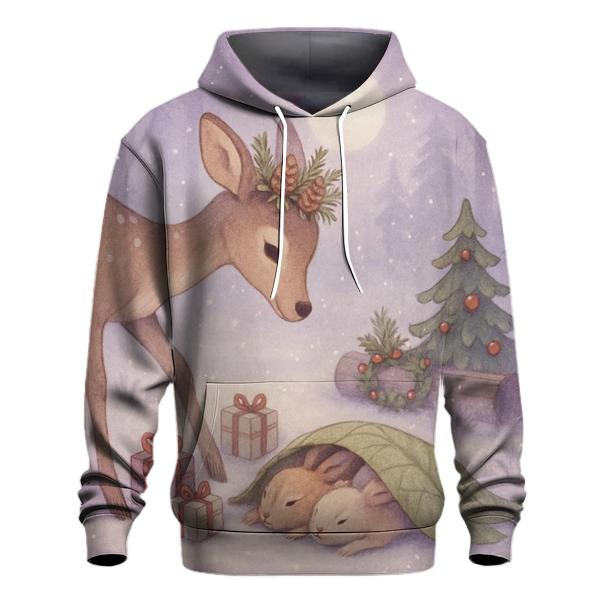 Woodland Deer Delivering Tiny Wrapped Gifts To Sleeping Rabbits designer hoodies