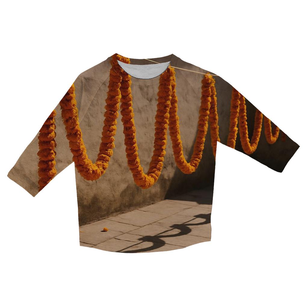 Sunlit Marigold Garlands Drying In A Courtyard trendy 3/4 sleeve tops
