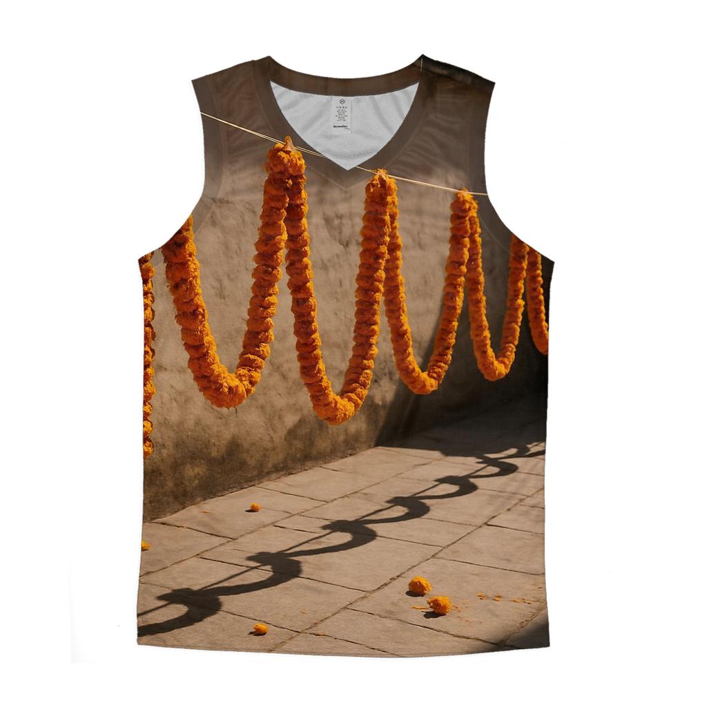 Sunlit Marigold Garlands Drying In A Courtyard sports performance tank tops