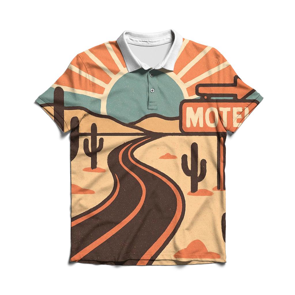 Desert Road Trip Sunburst Map branded logo polo shirts