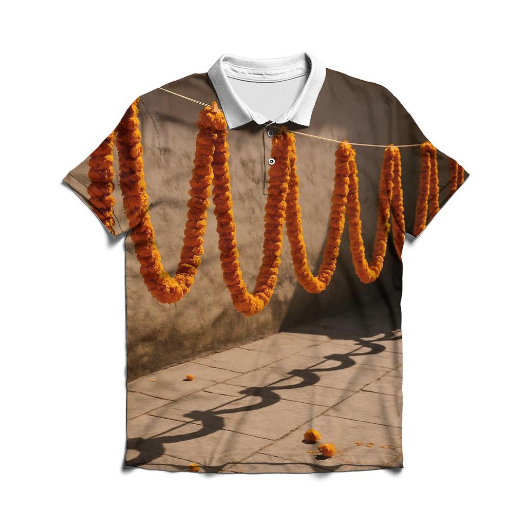 Sunlit Marigold Garlands Drying In A Courtyard designer slim fit polos