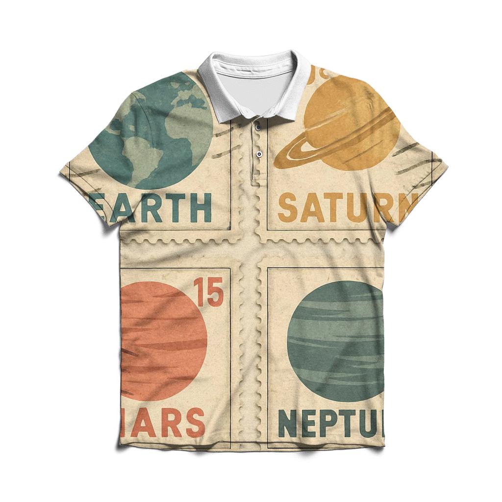 Cracked Ink Planetary Postage Stamp Set designer slim fit polos