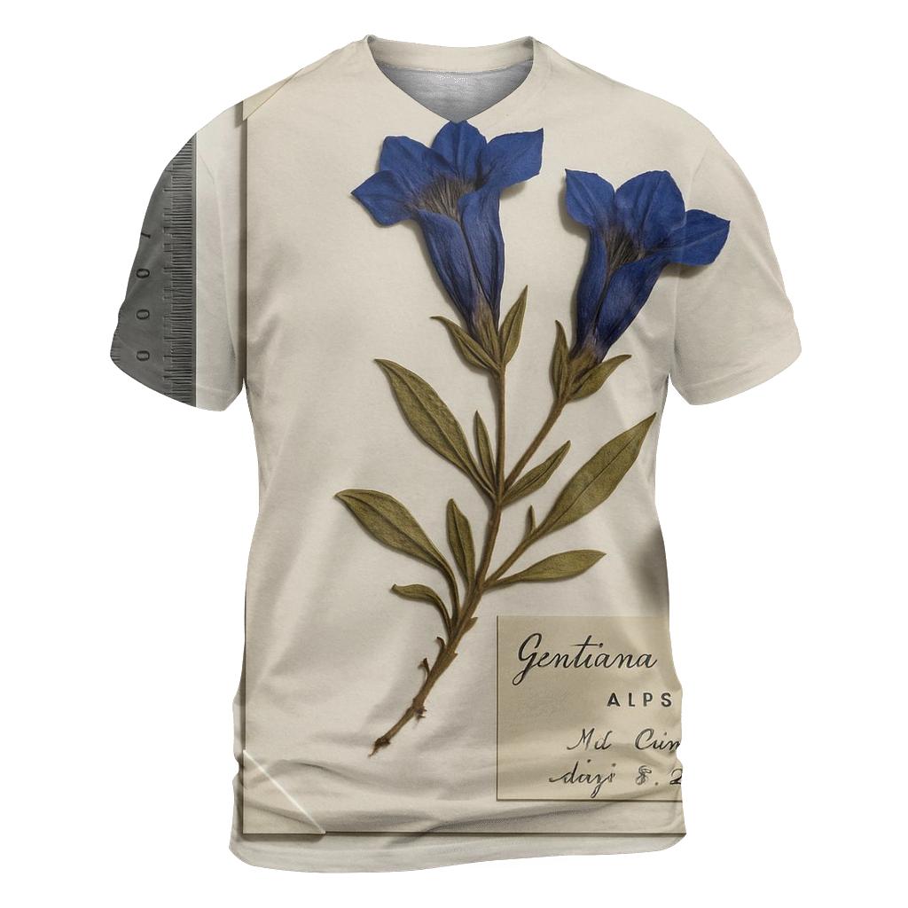 Pressed Herbarium Sheet With Alpine Gentian unique graphic print tees