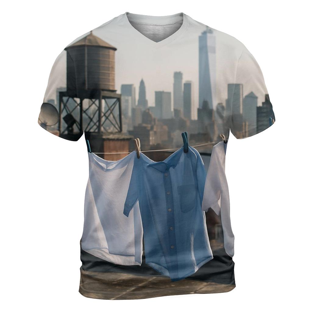 Chinatown Rooftop Laundry Lines With Downtown Skyline Beyond vibrant all-over design tees