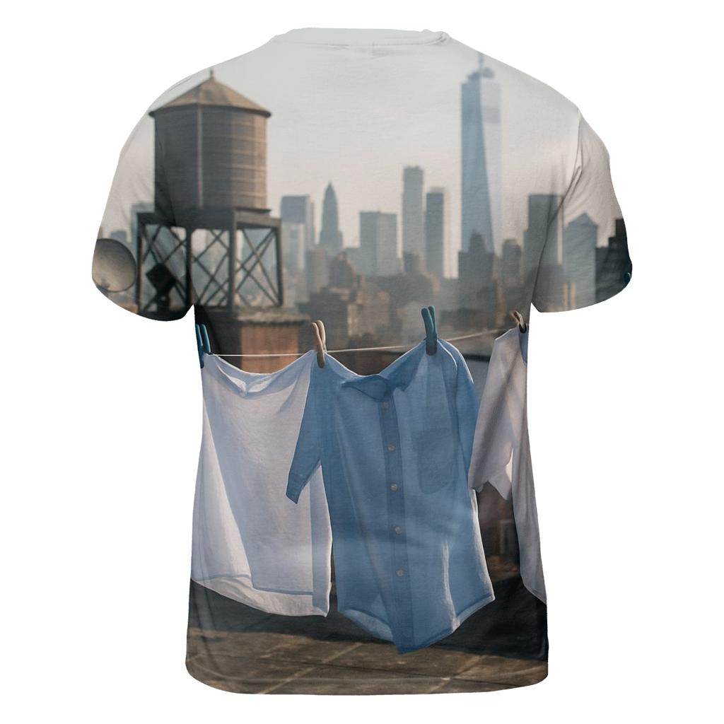 Chinatown Rooftop Laundry Lines With Downtown Skyline Beyond vibrant all-over design tees