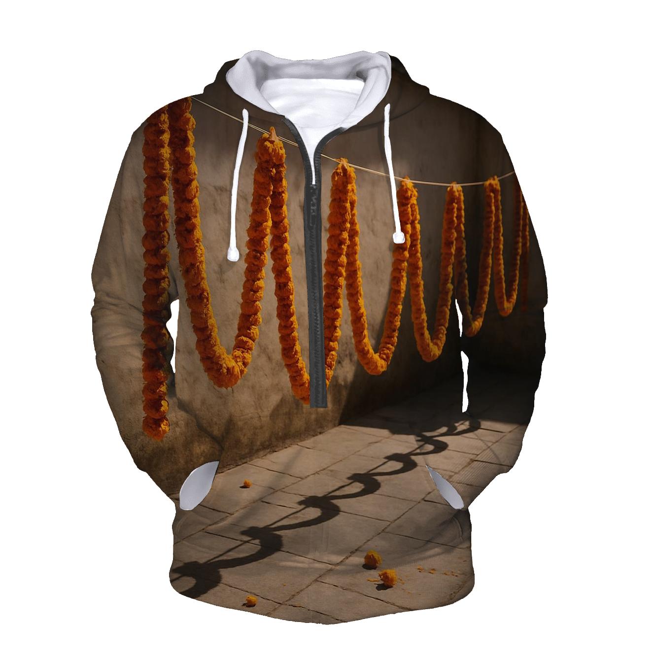 Sunlit Marigold Garlands Drying In A Courtyard designer hoodies