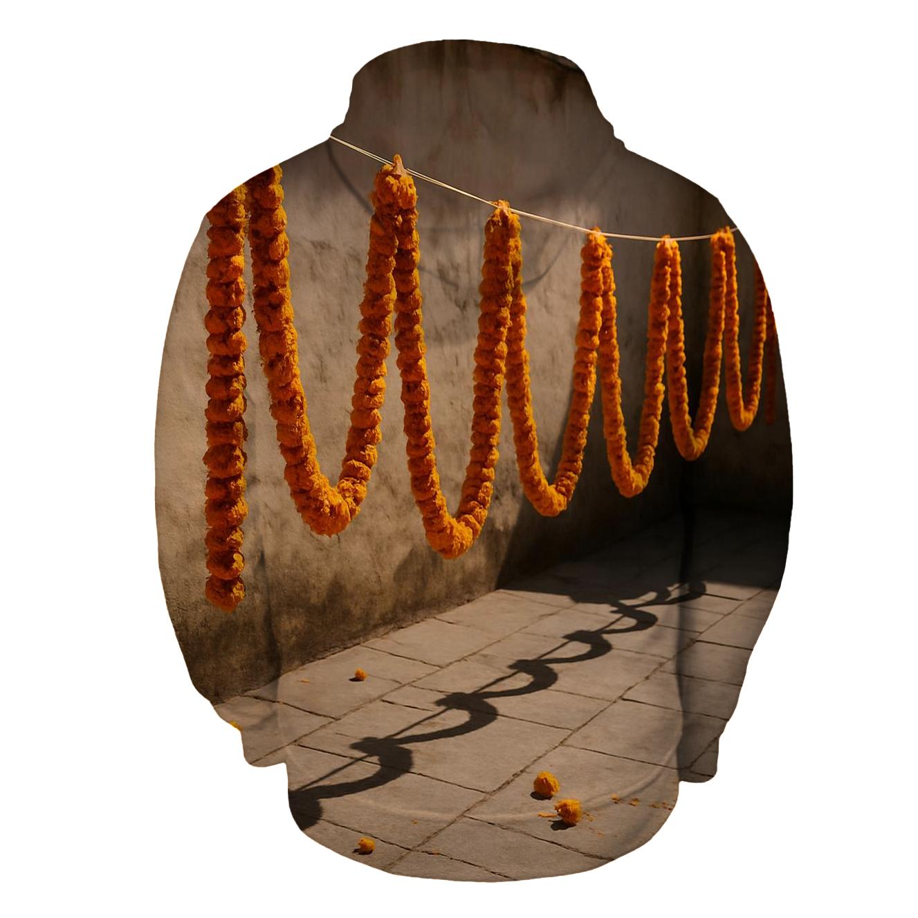 Sunlit Marigold Garlands Drying In A Courtyard designer hoodies