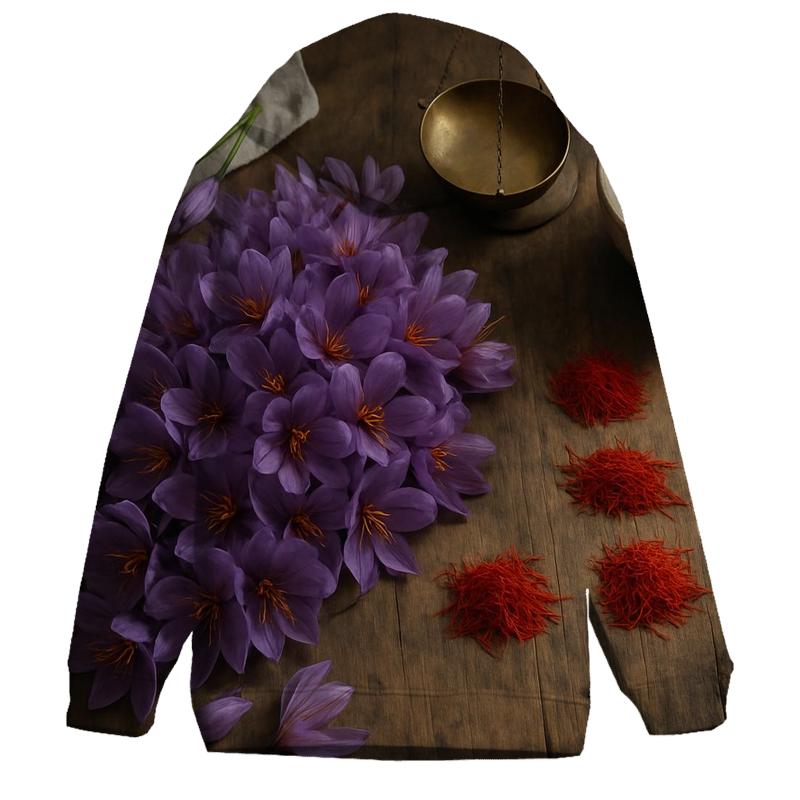 Saffron Crocus Sorting On A Wooden Table premium hoodies