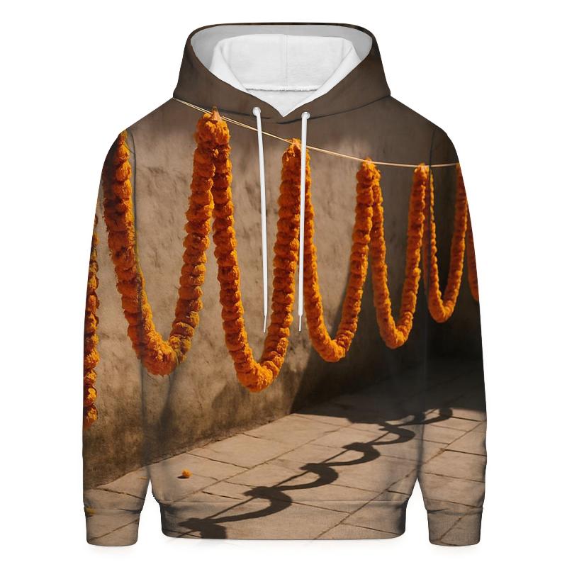 Sunlit Marigold Garlands Drying In A Courtyard heavyweight hoodies