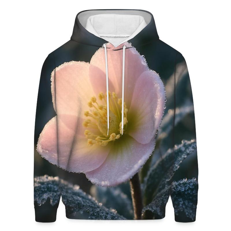 Winter Hellebore Bloom Through Frosted Leaves heavyweight hoodies