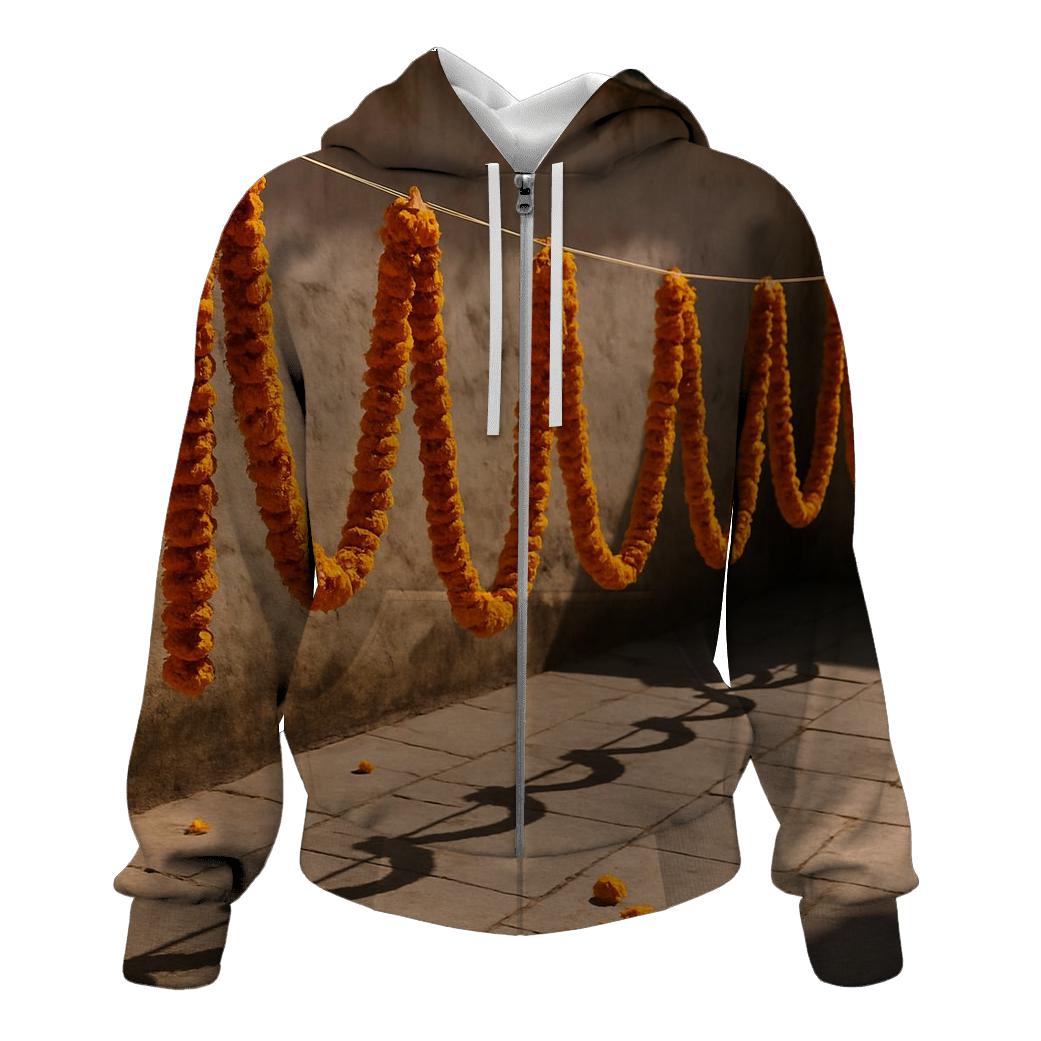 Sunlit Marigold Garlands Drying In A Courtyard custom hoodies