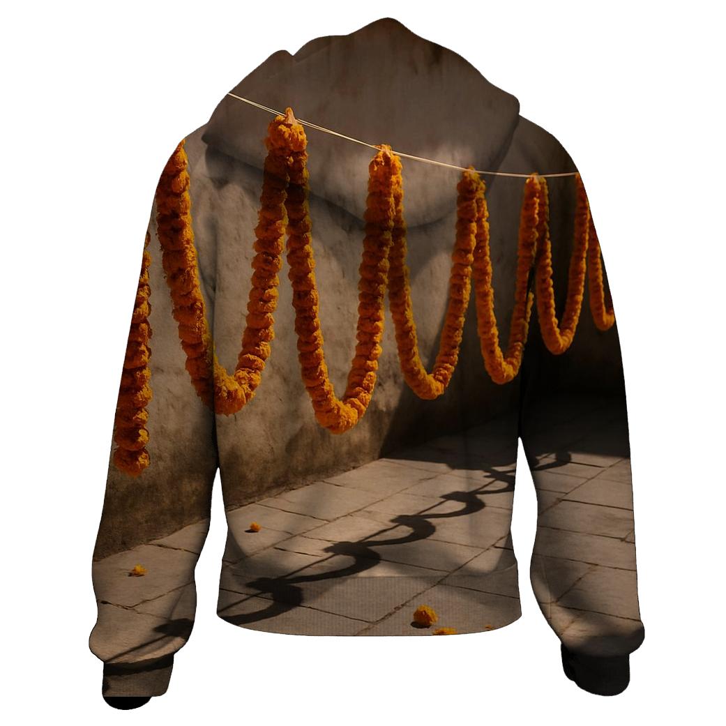 Sunlit Marigold Garlands Drying In A Courtyard custom hoodies