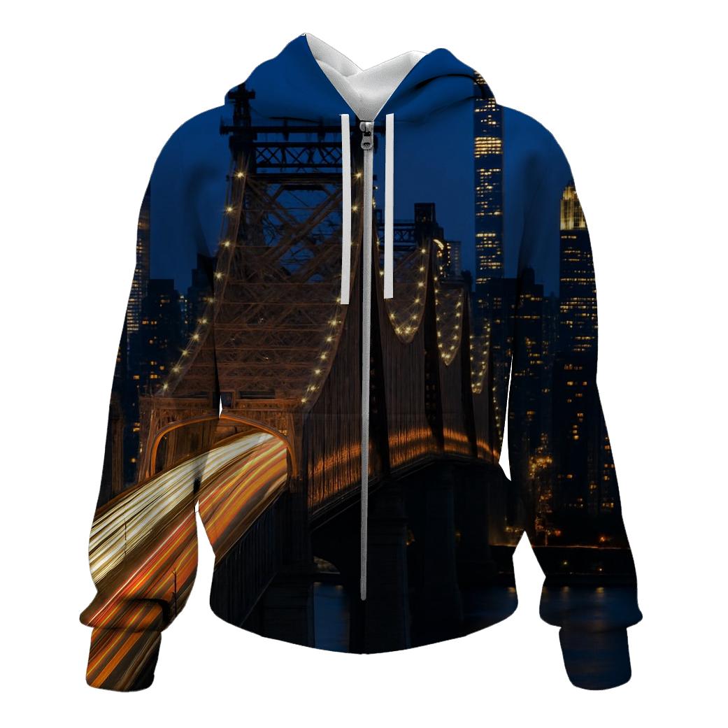 Queensboro Bridge Traffic Ribbons Seen From A Long Lens graphic hoodies