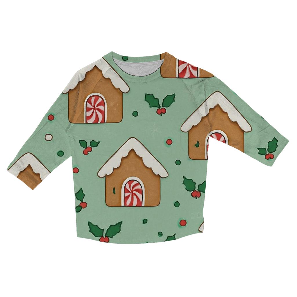Gingerbread House Scatter With Snowflake Fill On Mint Background designer 3/4 sleeve blouses