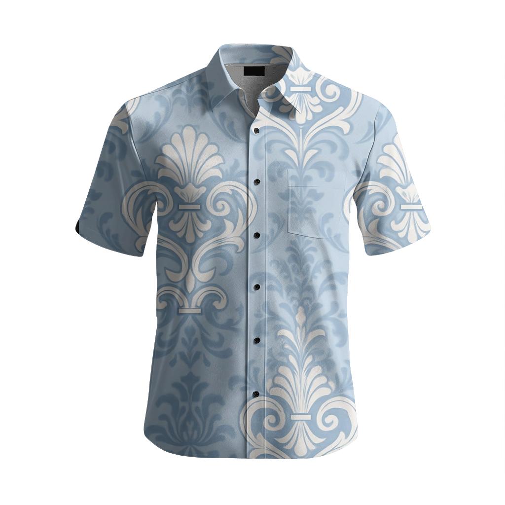 Rococo Shell Cartouche Damask In Powder Blue designer stitched shirts