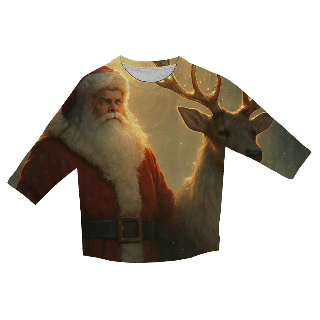 Majestic Santa And Reindeer In Golden Forest Mist printed three quarter sleeve shirts