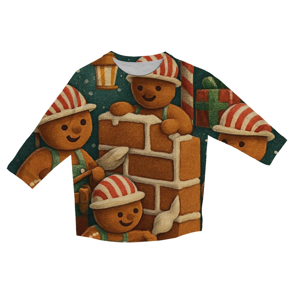 Gingerbread House Construction Crew printed three quarter sleeve shirts