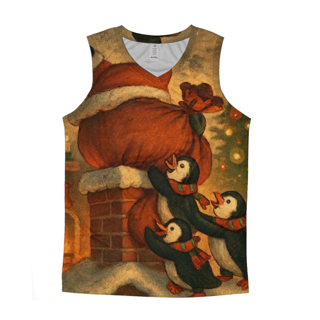 Santa Stuck In Chimney With Helpful Penguins sports performance tank tops