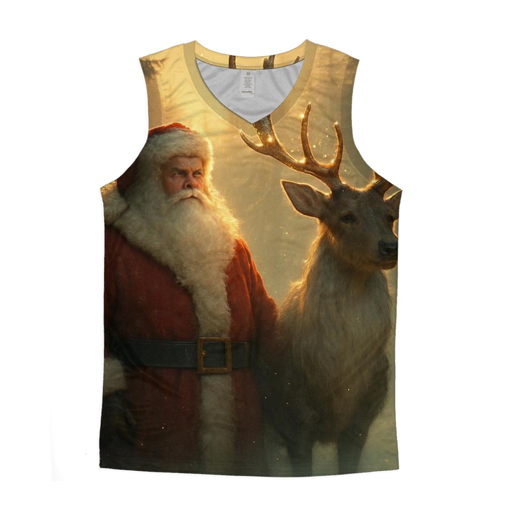 Majestic Santa And Reindeer In Golden Forest Mist graphic print tank tops