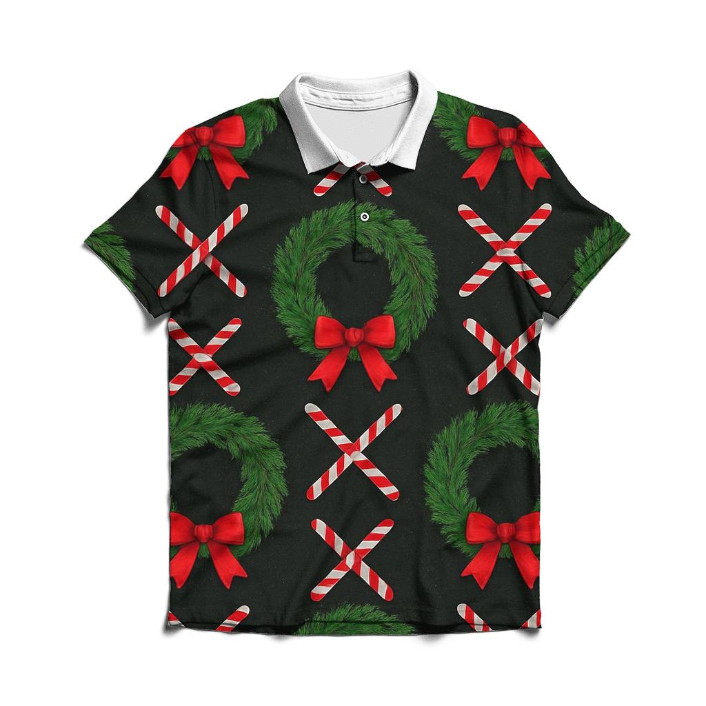 Evergreen Wreath Grid With Candy Canes On Black Background designer slim fit polos