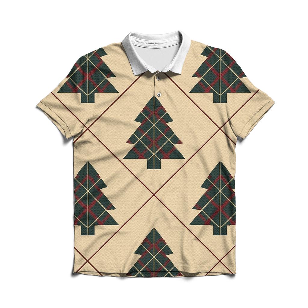 Plaid Christmas Tree Tile On Beige Background personalized polo shirts