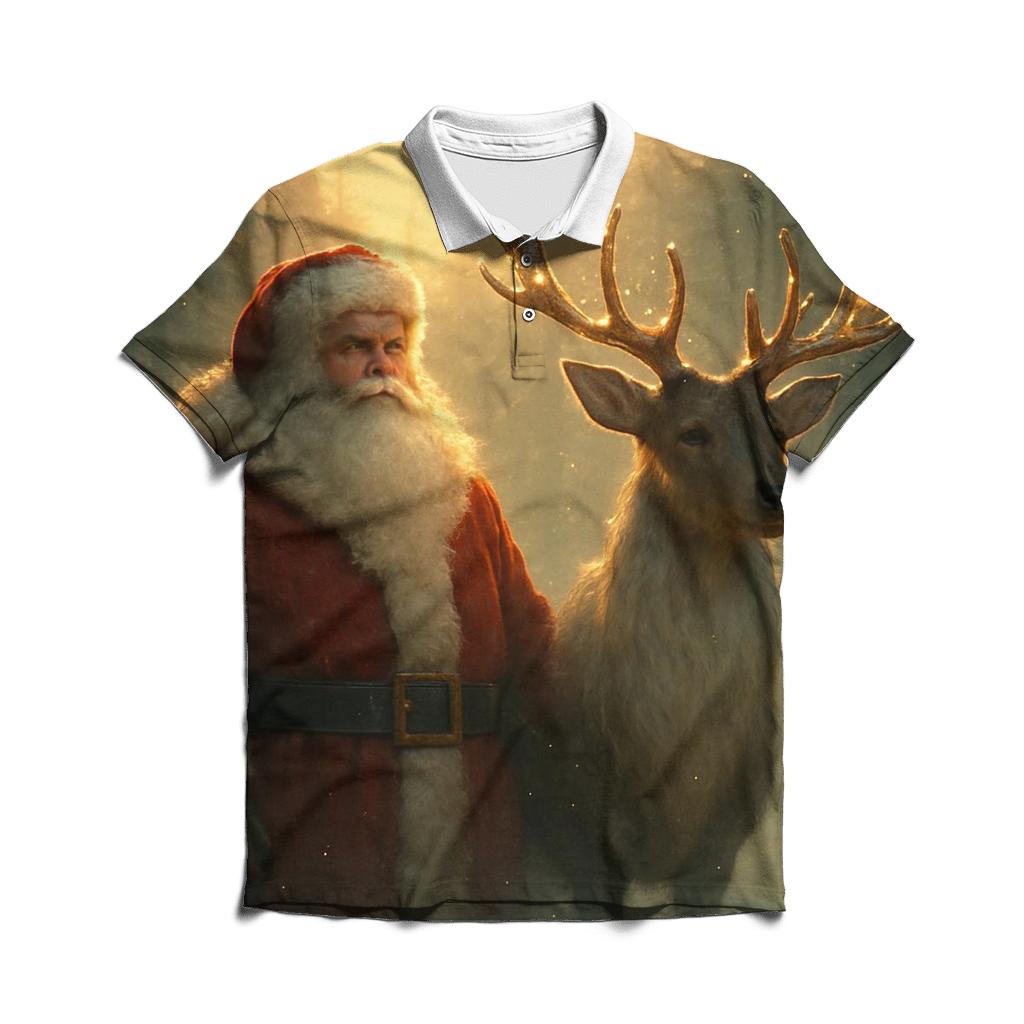 Majestic Santa And Reindeer In Golden Forest Mist branded logo polo shirts