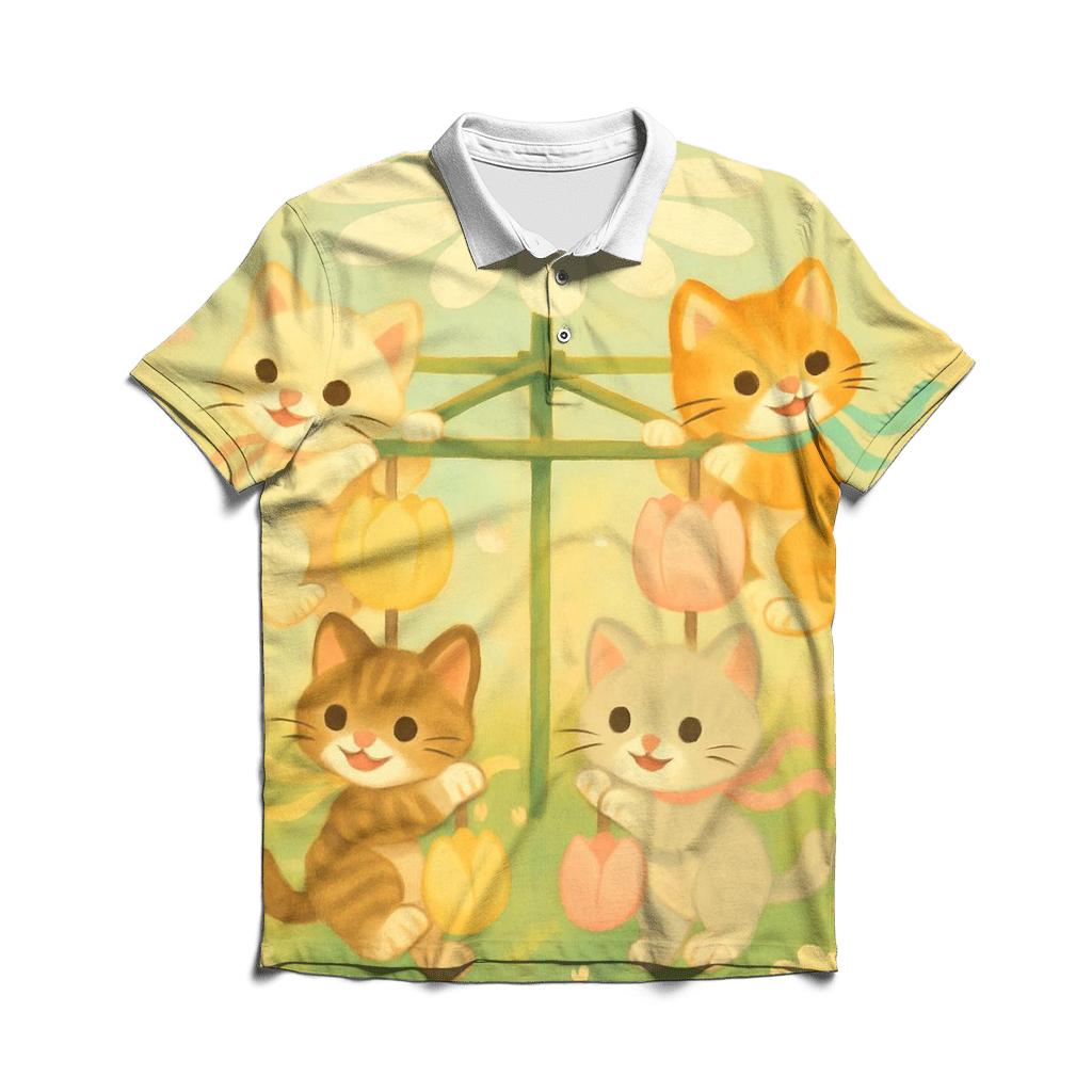 Meadow Carousel Blossom Cats embroidered polo tops