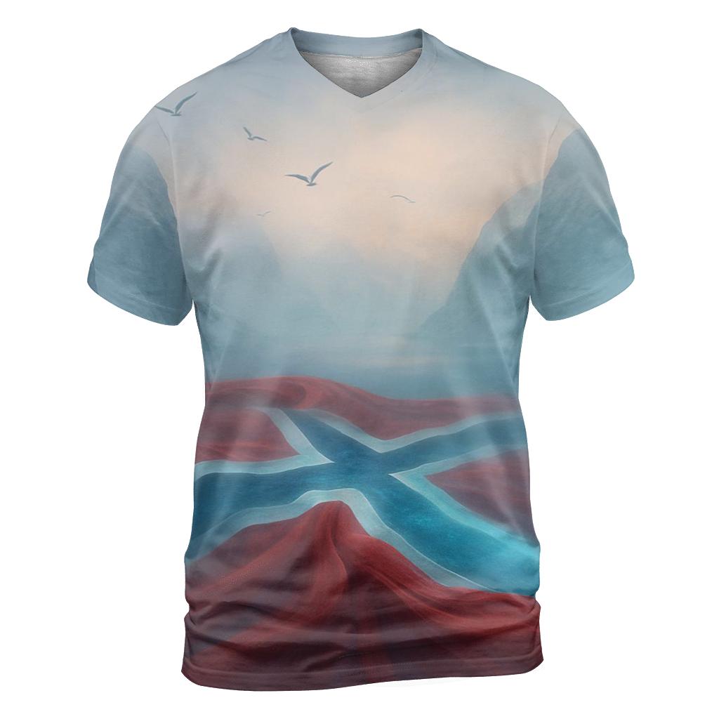 Aurora Fjords Norway vibrant all-over design tees