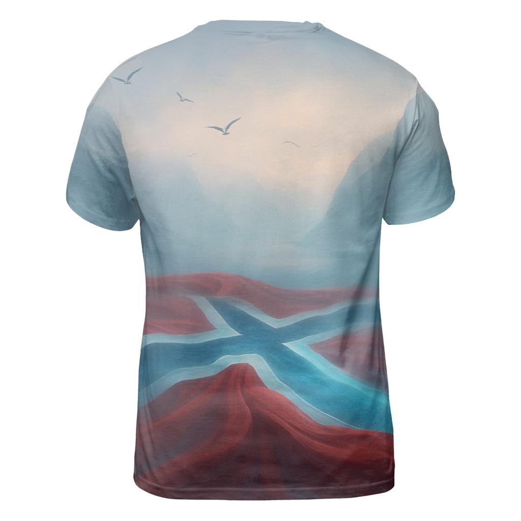 Aurora Fjords Norway vibrant all-over design tees