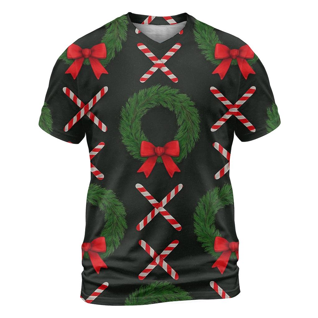 Evergreen Wreath Grid With Candy Canes On Black Background trendy printed shirt styles