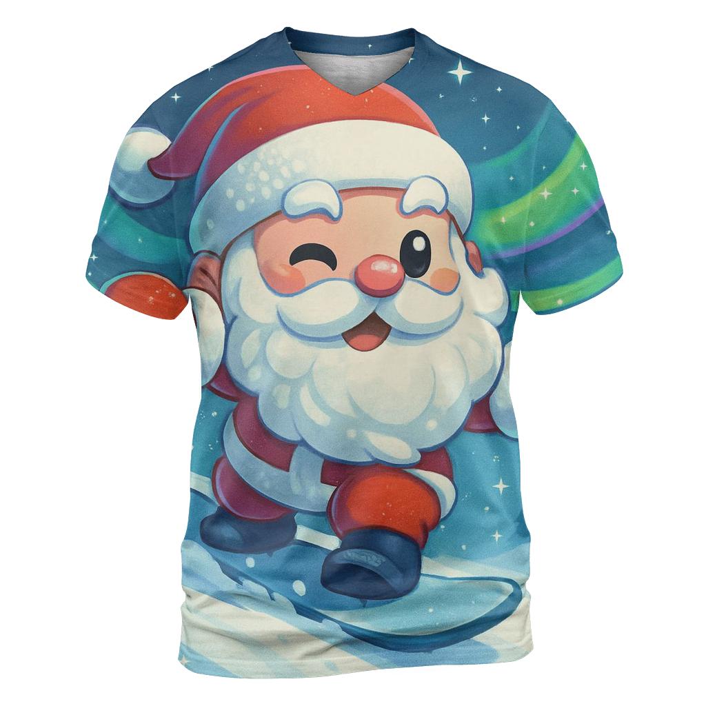 Chibi Santa Snowboarding Aurora Ridge vibrant all-over design tees