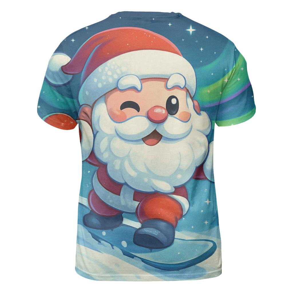 Chibi Santa Snowboarding Aurora Ridge vibrant all-over design tees