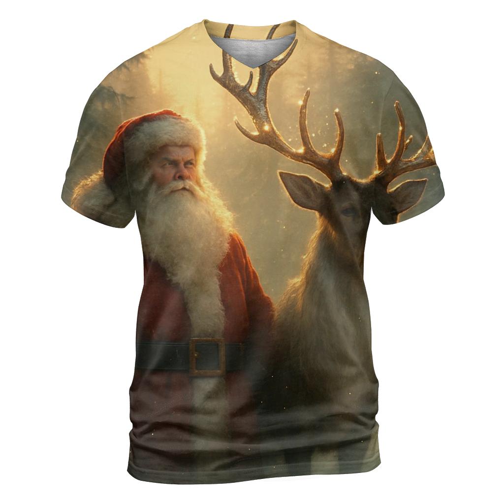 Majestic Santa And Reindeer In Golden Forest Mist unique graphic print tees