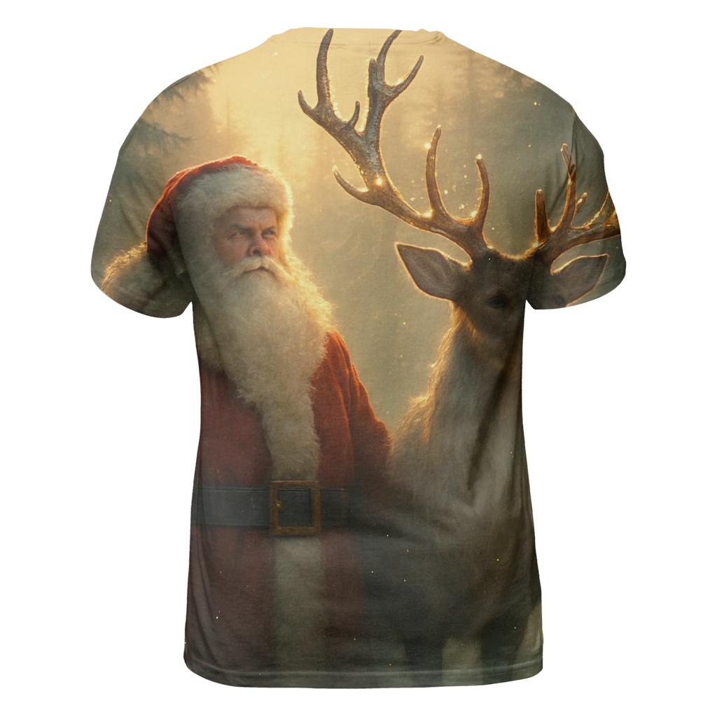 Majestic Santa And Reindeer In Golden Forest Mist unique graphic print tees