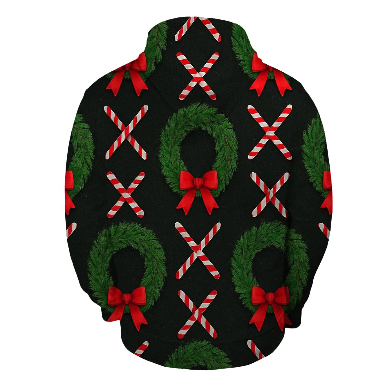 Evergreen Wreath Grid With Candy Canes On Black Background designer hoodies
