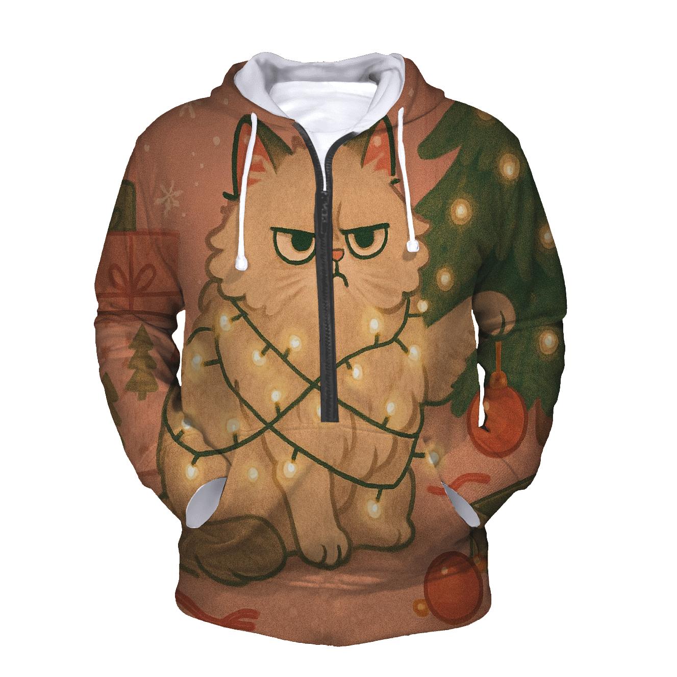 Grumpy Cat Tangled In Fairy Lights printed hoodies