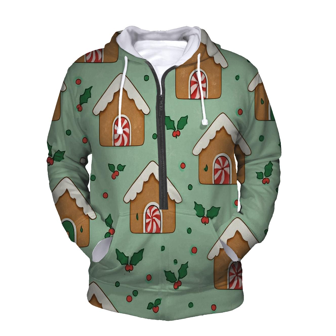 Gingerbread House Scatter With Snowflake Fill On Mint Background lightweight hoodies