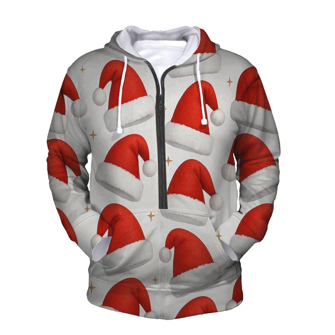 Red Santa Hat Stripe Repeat On White Background heavyweight hoodies