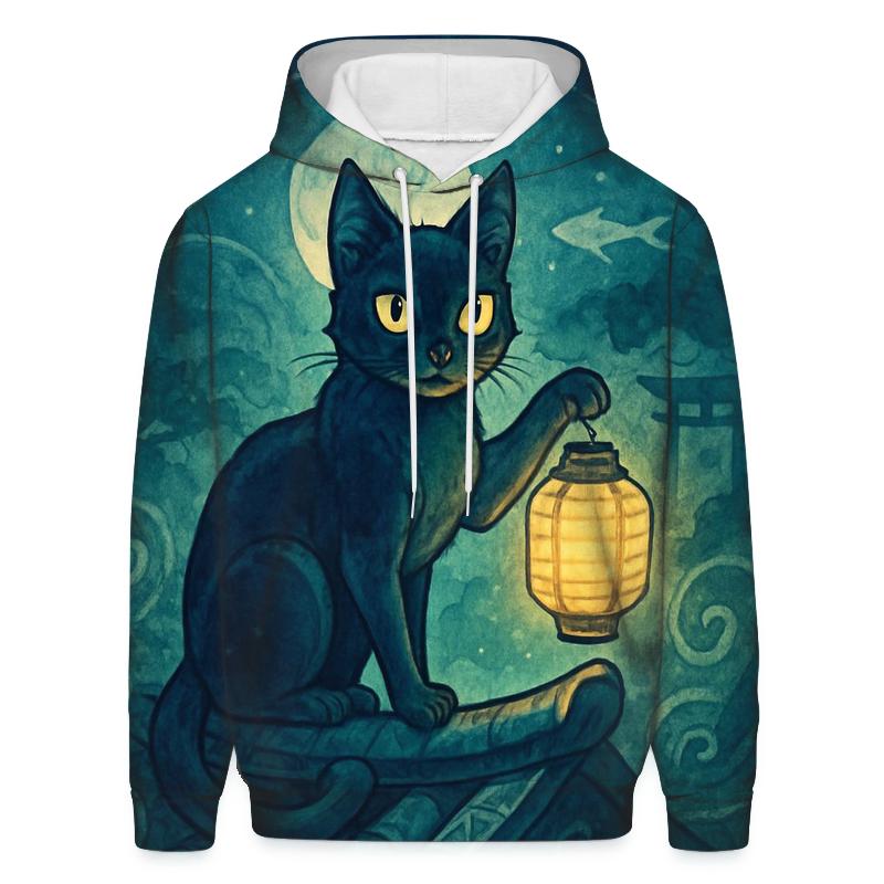 Midnight Lantern Guardian Cat embroidered hoodies
