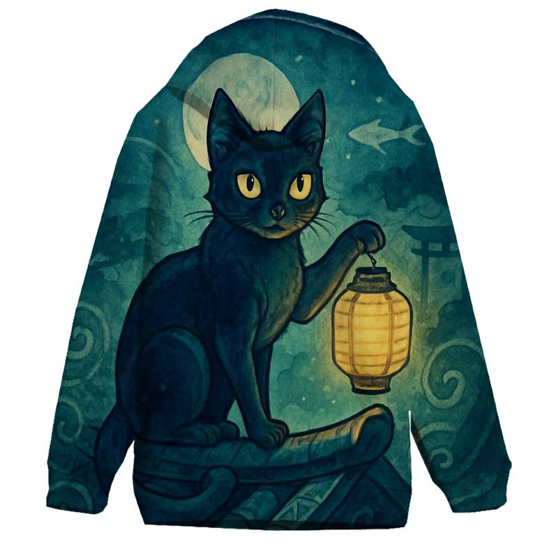 Midnight Lantern Guardian Cat embroidered hoodies