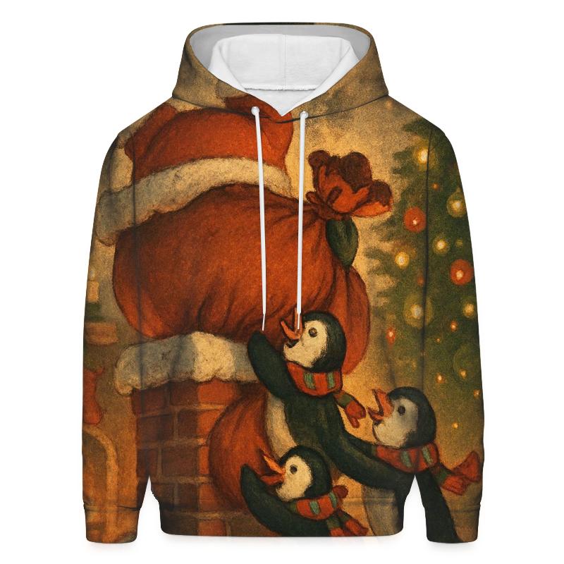 Santa Stuck In Chimney With Helpful Penguins graphic hoodies