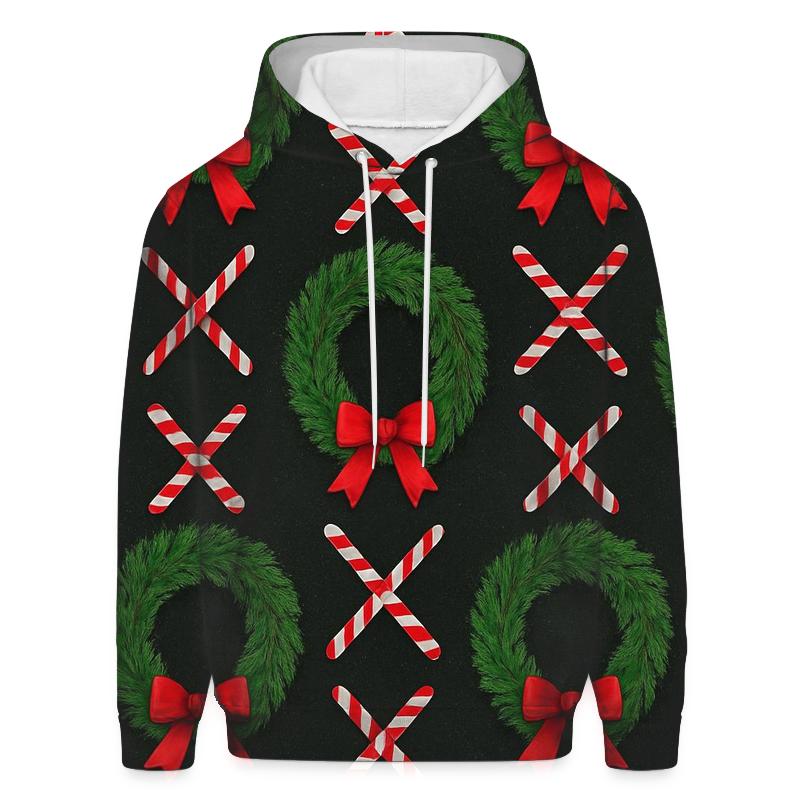 Evergreen Wreath Grid With Candy Canes On Black Background zip-up hoodies
