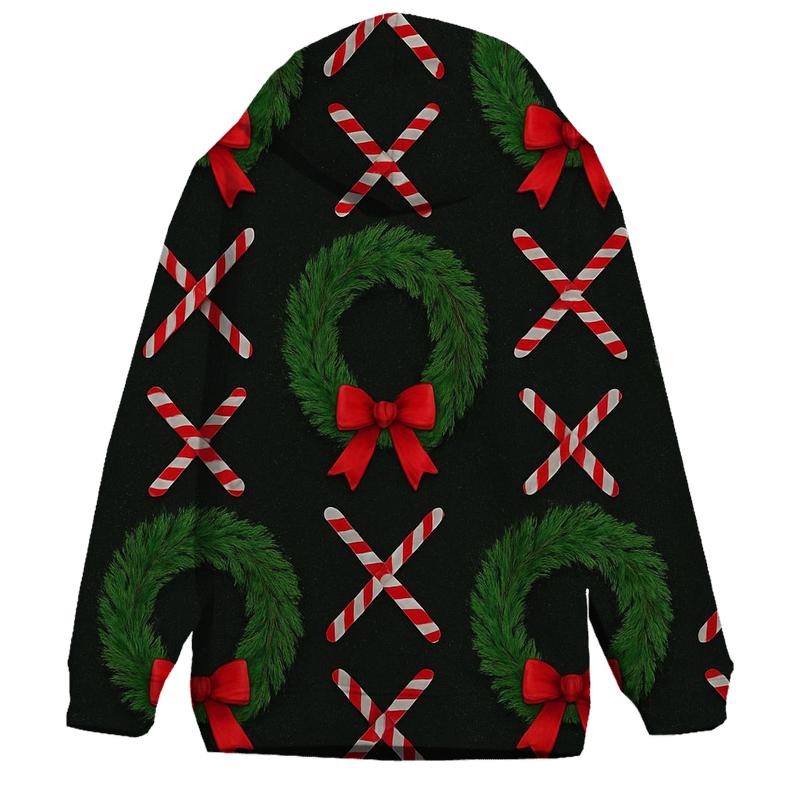 Evergreen Wreath Grid With Candy Canes On Black Background zip-up hoodies
