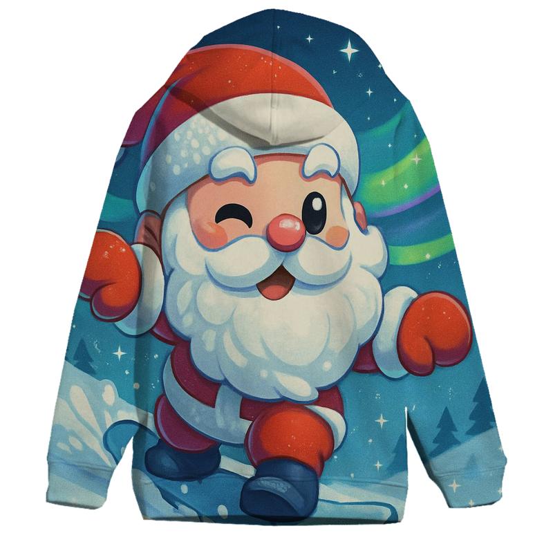 Chibi Santa Snowboarding Aurora Ridge printed hoodies