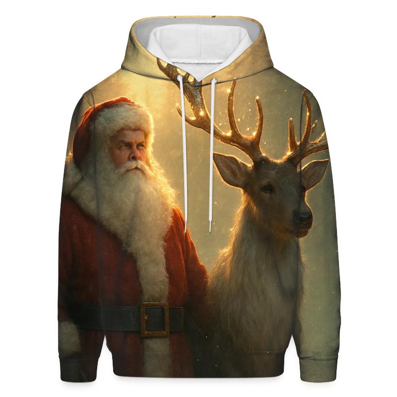 Majestic Santa And Reindeer In Golden Forest Mist hoodie trends